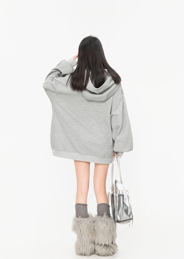 Grey oversized butterfly hoodie product view showing the hooded silhouette, asymmetric hem, long sleeves, and blue butterfly detail