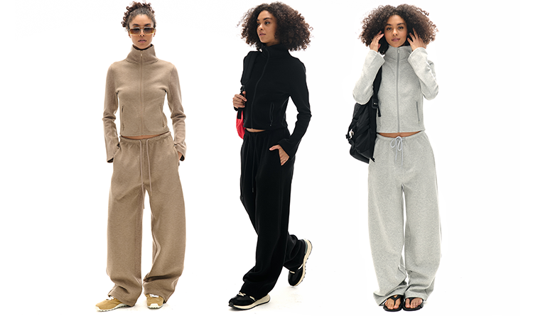 Black grey and dune cropped zip-up sweatshirt and high-waisted sweatpants sets in relaxed Korean streetwear style
