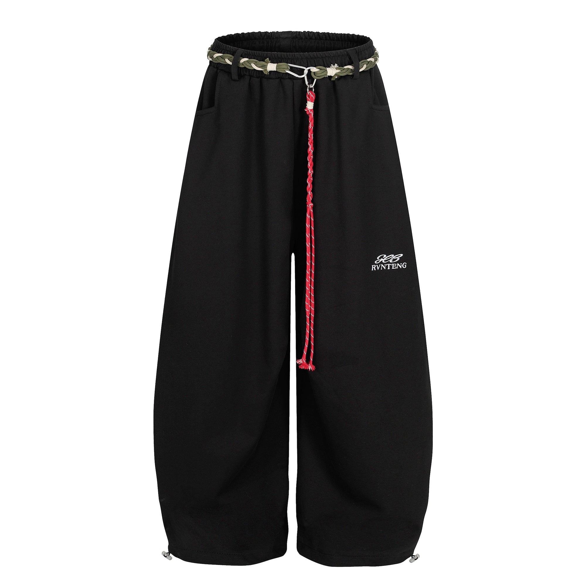 Black fleece-lined braided rope ultra-wide streetwear track pants warm lining option product view