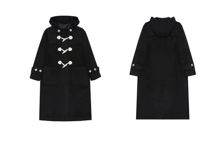 Black wool duffle coat flat lay front and back dual view horn toggles patch pockets plain back silhouette