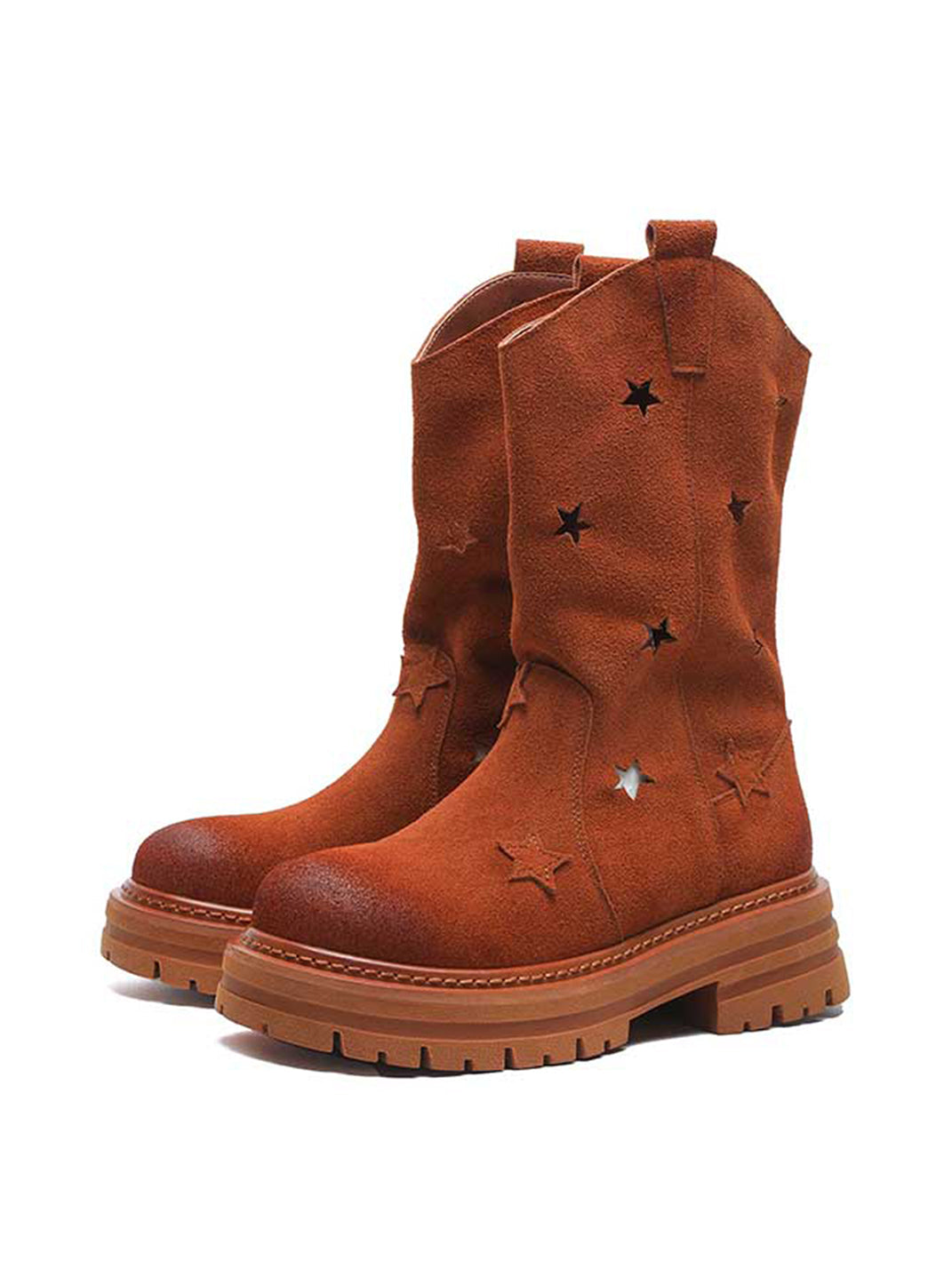 Caramel colored perforated-star platform boots showcasing warm nubuck suede tone with intricate star hollow cutouts throughout upper