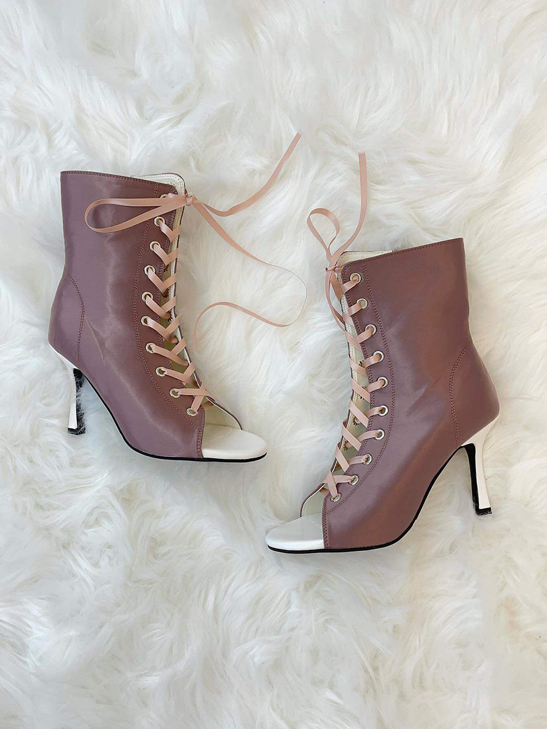Satin lace-up peep-toe ankle stiletto heels for women shown in a detailed product view
