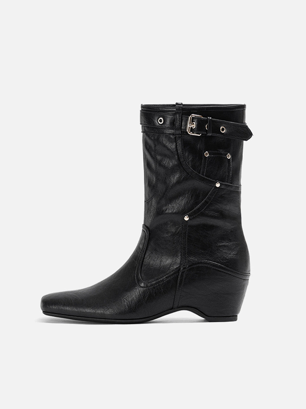 Black buckle-cuff western ankle boot alternate color view with squared toe low wedge heel and metal rivets