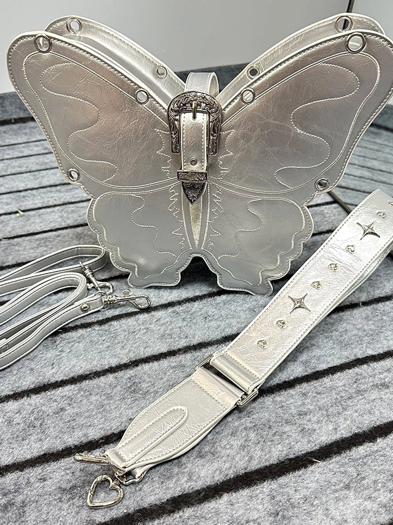 3D punk butterfly bag accessory view with dimensional butterfly wing design
