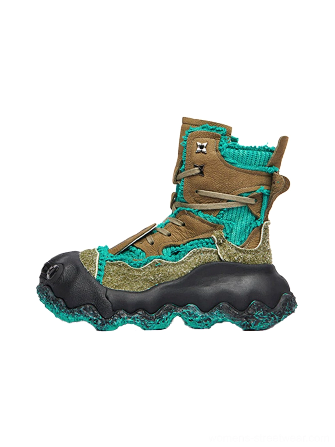 Green and brown abstract splash layered platform combat boots with fuzzy mixed-material upper, black sculptural sole, and high-top streetwear silhouette