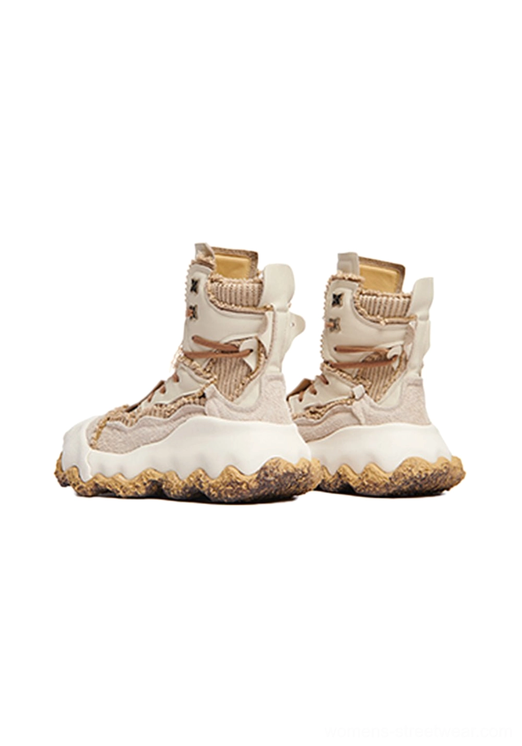 Abstract splash layered platform combat boots styled as bold women's Y2K streetwear footwear with chunky sculptural sole