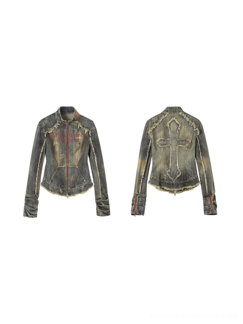 Acid-wash distressed denim corset jacket for edgy urban, Acubi, and Seoul-inspired fashion