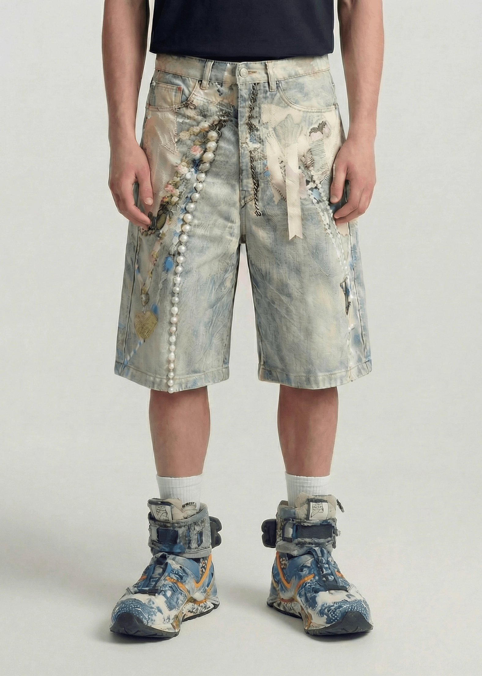 Front view of acid wash blue pearl chain embroidered denim jorts worn with a black t-shirt and high-top sneakers