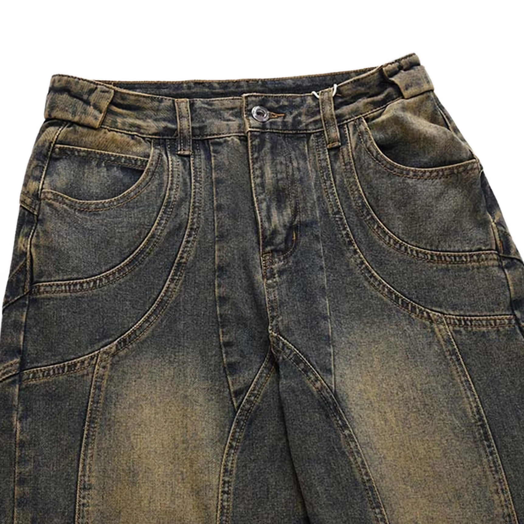 Close-up of acid wash straight-leg jeans waist and front pocket with button fly, belt loops, curved pocket shape, panel stitching, and vintage faded finish