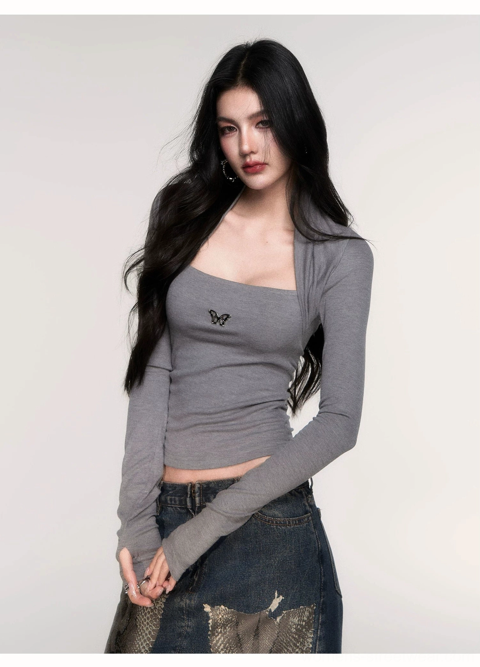 Acubi butterfly emblem ribbed knit top with integrated shrug, square neckline, fitted long sleeves, and modern Korean streetwear styling