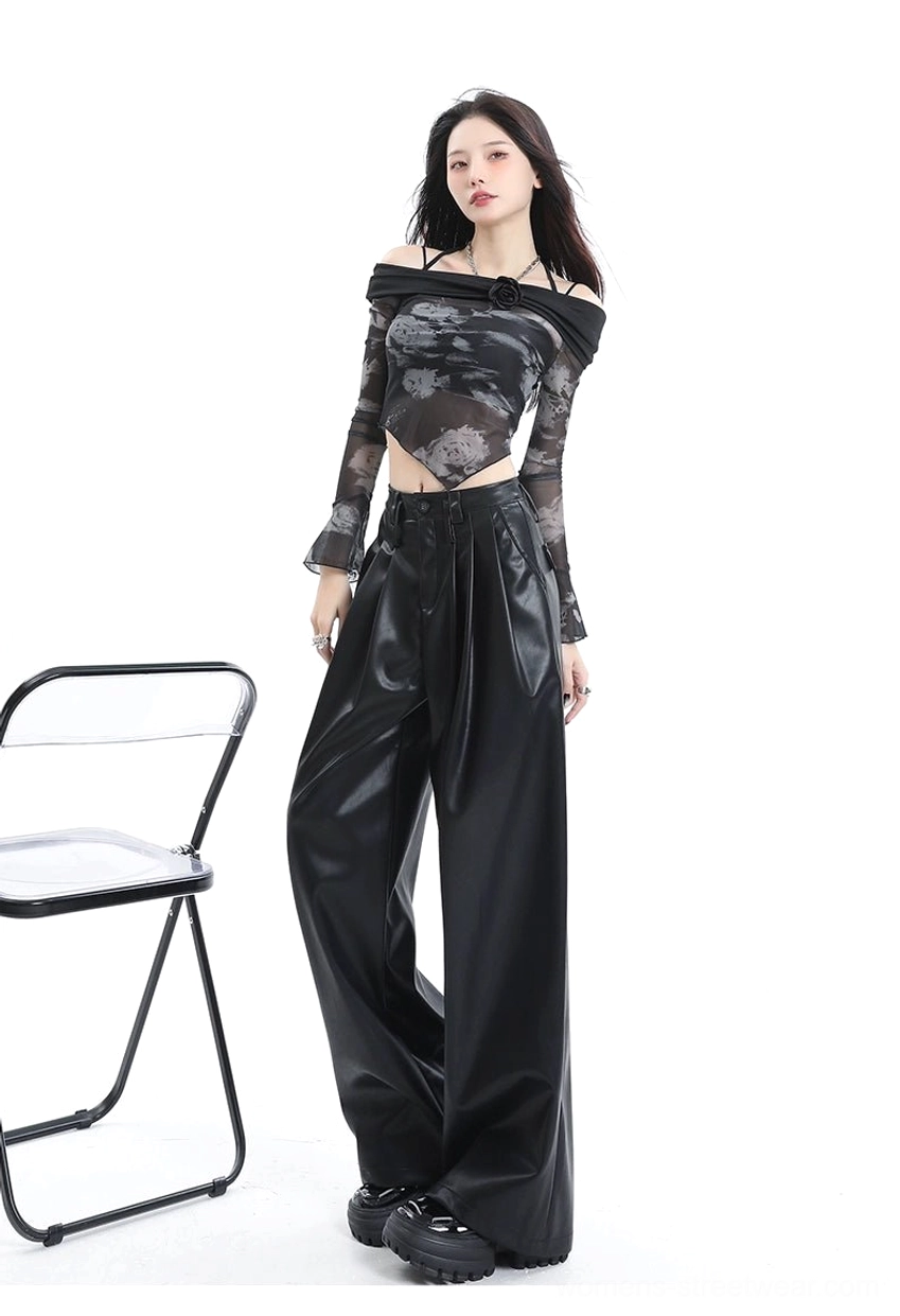 Acubi-inspired coffee brown high-waisted PU leather streetwear trousers with minimalist tailored details