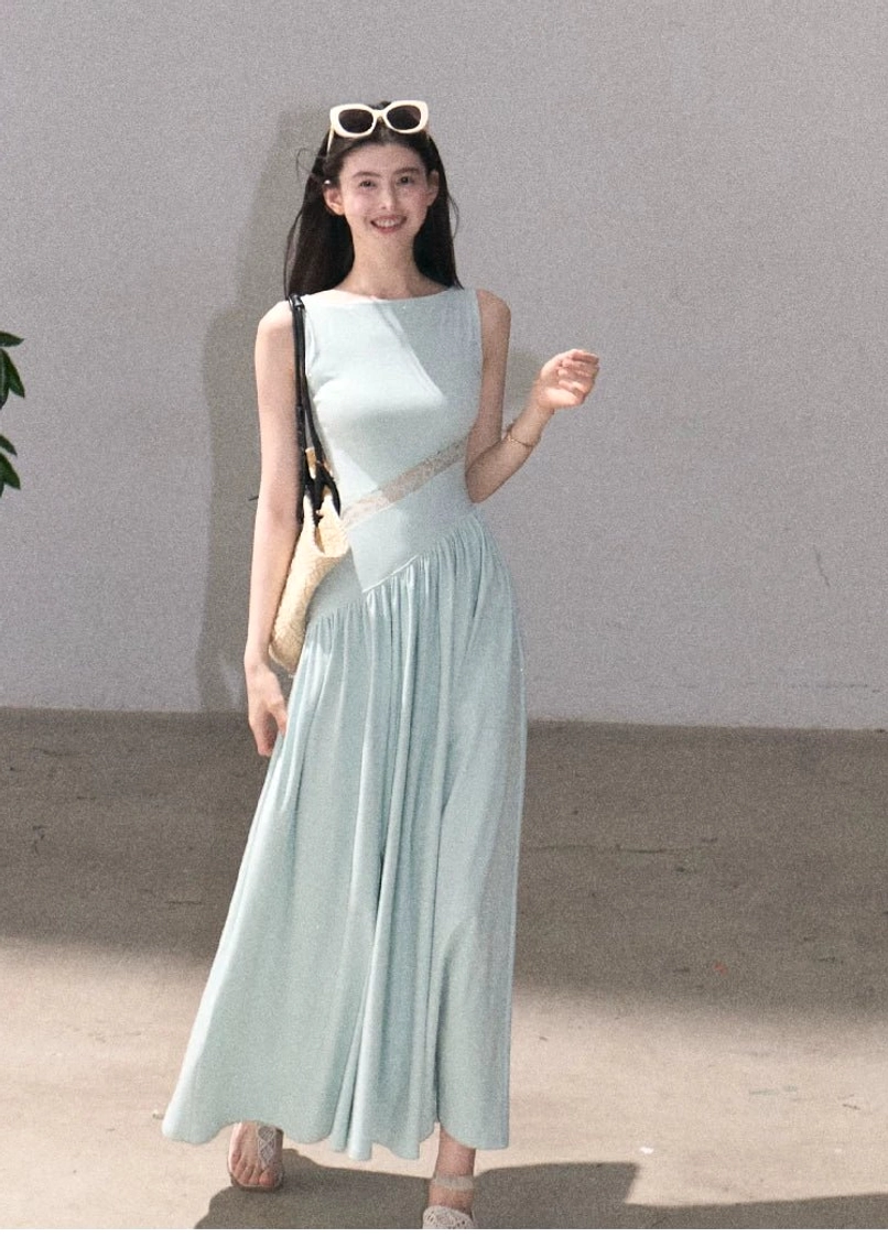 Asymmetrical lace waist dress with soft flared skirt designed for Korean fashion and Acubi style outfits