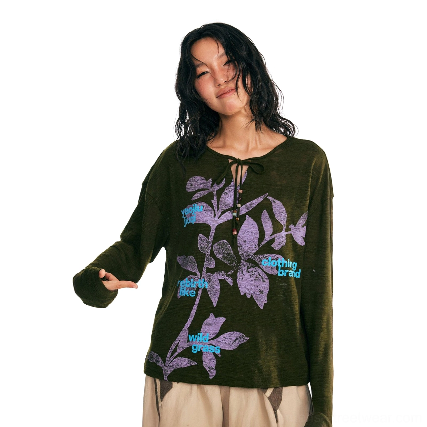 Dark green sesame leaf drawstring neck graphic long-sleeve tee with purple plant artwork and textured slub fabric