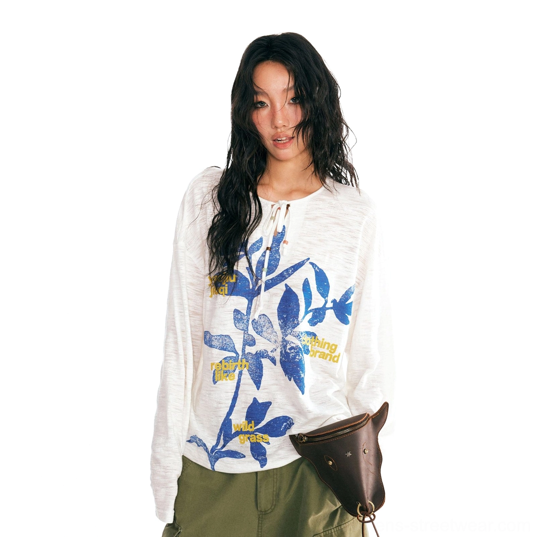 White sesame leaf drawstring neck graphic long-sleeve tee with blue botanical print styled with olive cargo pants