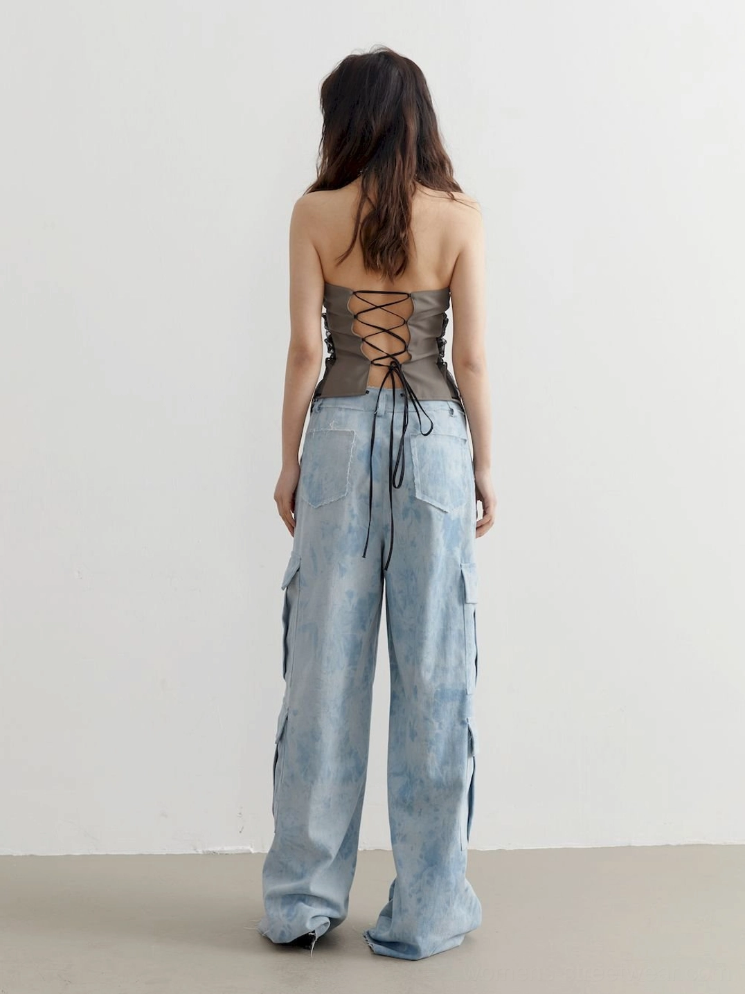 Modern Acubi-inspired sheer gray tube top with ruched side seams and asymmetric streetwear silhouette