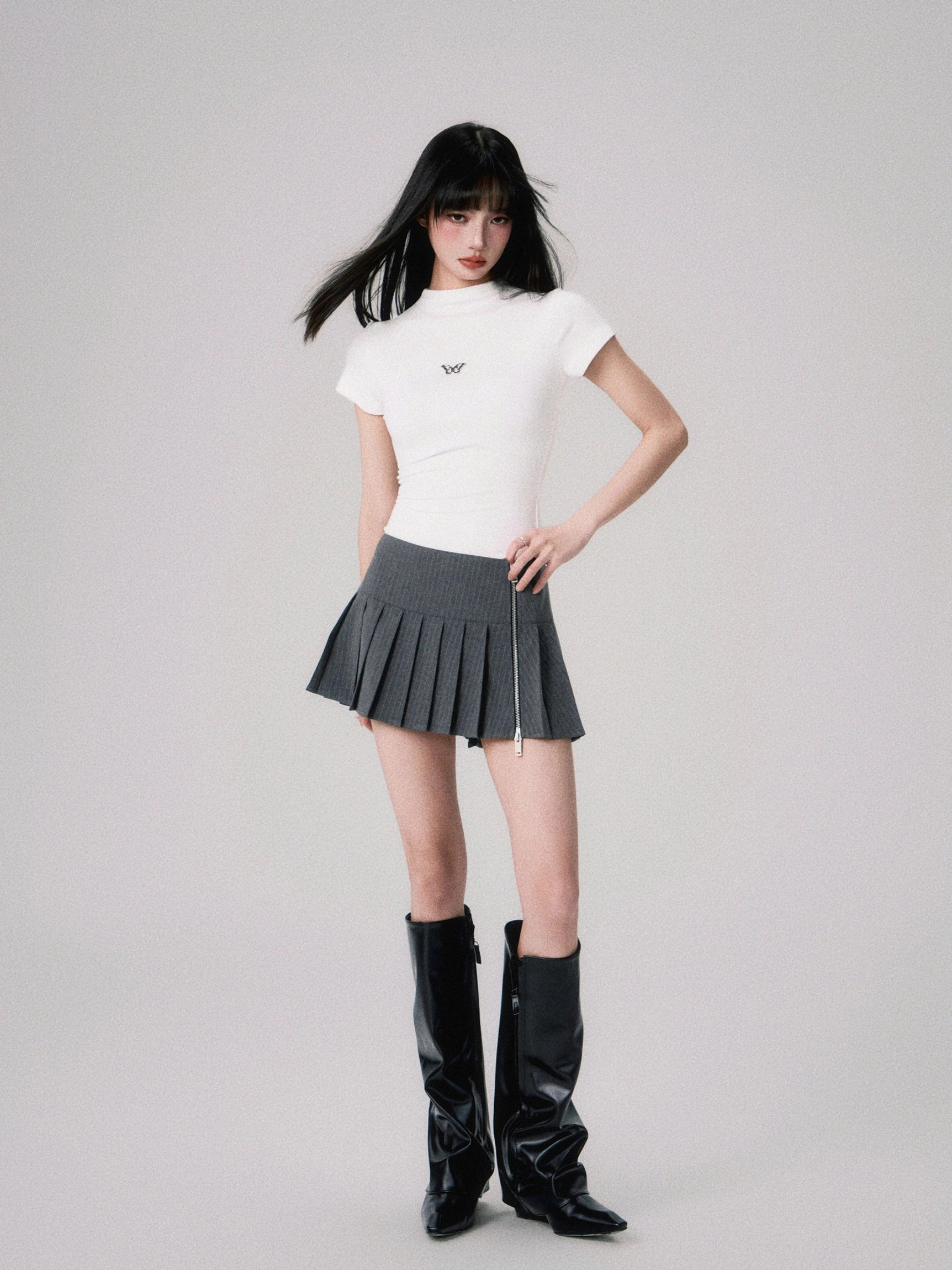Acubi style fitted crop tee with subtle butterfly embroidery for modern East Asian streetwear looks