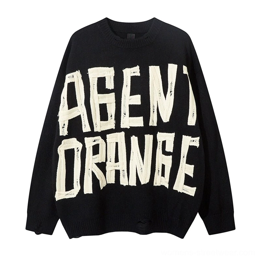 Black Agent Orange distressed oversized graphic knit sweater streetwear fashion product view