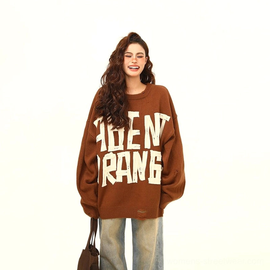 Brown Agent Orange distressed oversized graphic knit sweater streetwear fashion product view