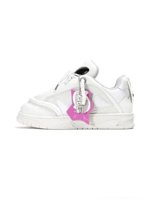 Alien head platform sneakers in a clean white leather-look finish with pink alien hangtag, left side studio view