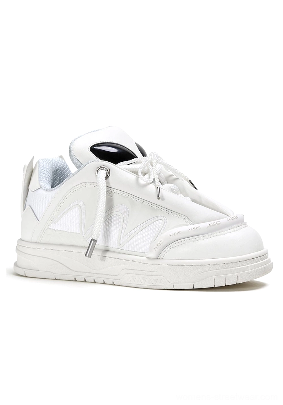 Alien head platform sneakers in white leather-look material, rear side view showing heel panel and laces