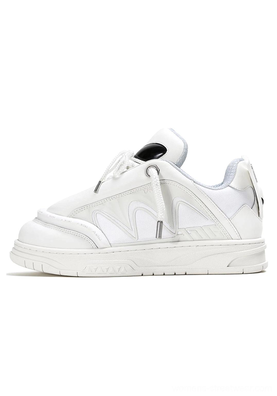 White alien head platform sneakers featuring smooth stitched panels and chunky elevated sole, side studio view