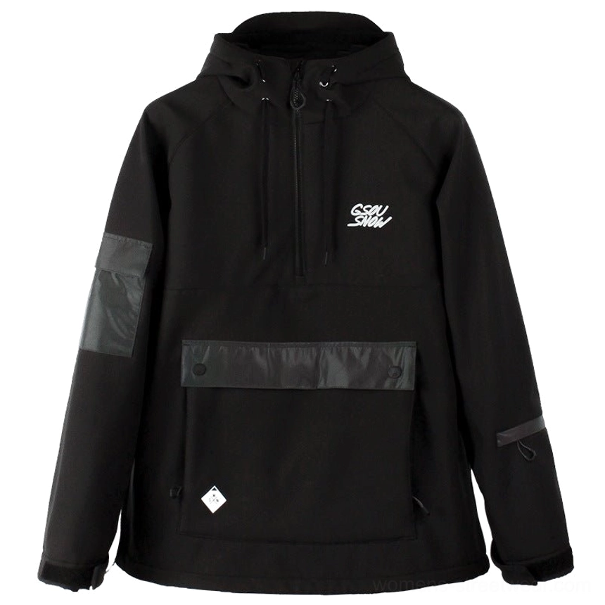 All-black hooded half-zip ski anorak jacket with dark reflective sleeve details and front utility pocket