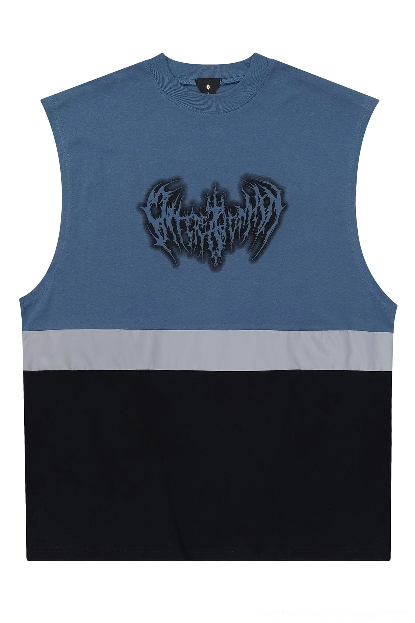 Alternative fashion sleeveless tank top with neon colorblocking, reflective trim, and urban gothic style
