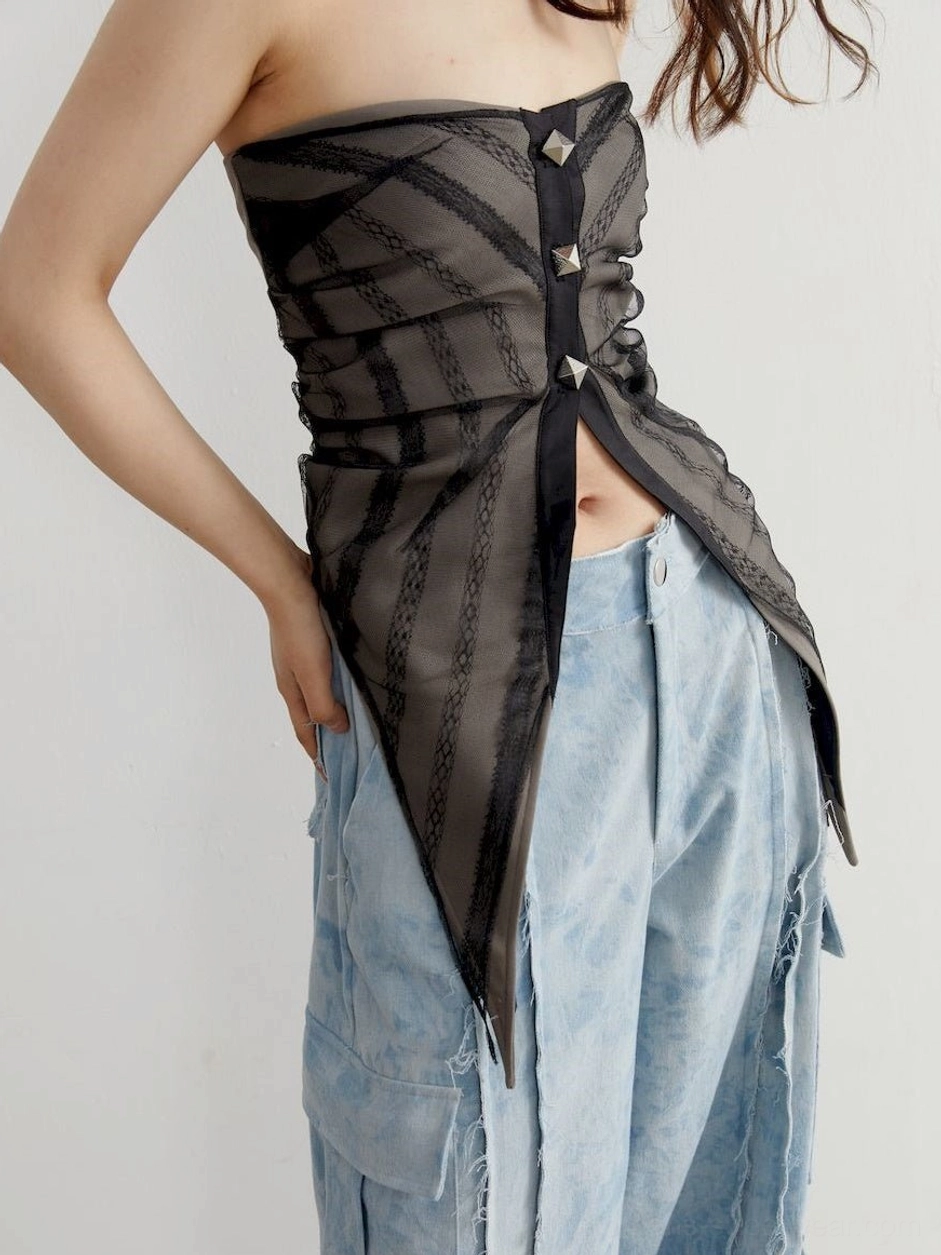 Alternative gray mesh strapless tube top with an asymmetric high-low hem and subtle punk-inspired stud details