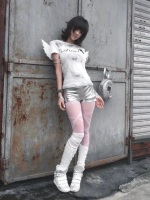 Angel Eyes winged shoulder baby tee in cloud white styled with metallic shorts, fishnet tights and platform boots in an industrial streetwear setting