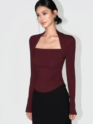 Angolan Red square neck long sleeve slim knit top with fitted silhouette curved hem and soft stretch fabric
