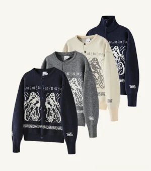 Arctic fleece animal motif cardigan sweaters flat lay front display featuring navy blue grey and cream button-up and zip-up closure designs with vintage jacquard patterns