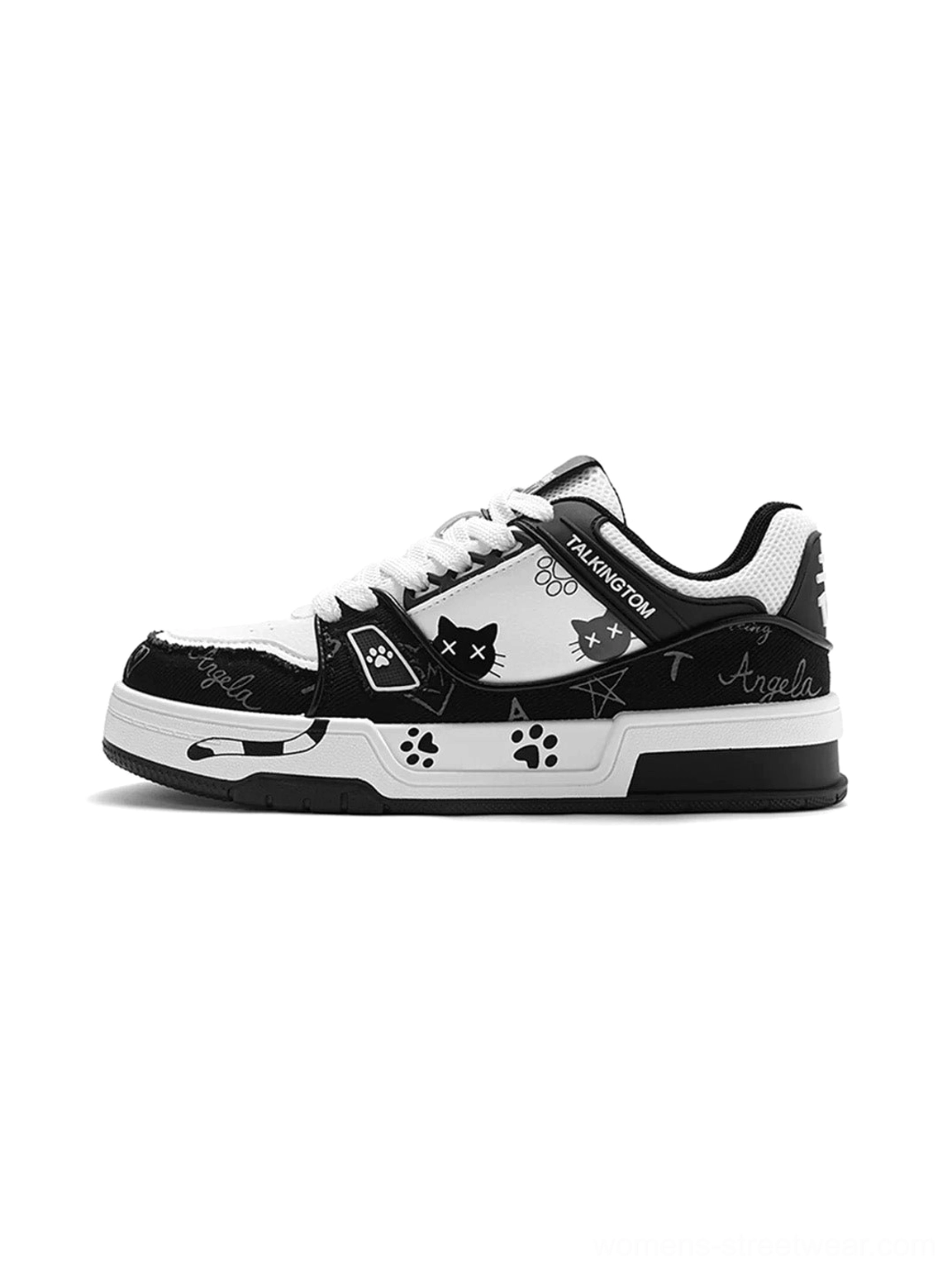 Black and white anime cat graphic chunky low-top streetwear sneaker side profile with paw prints and layered sole