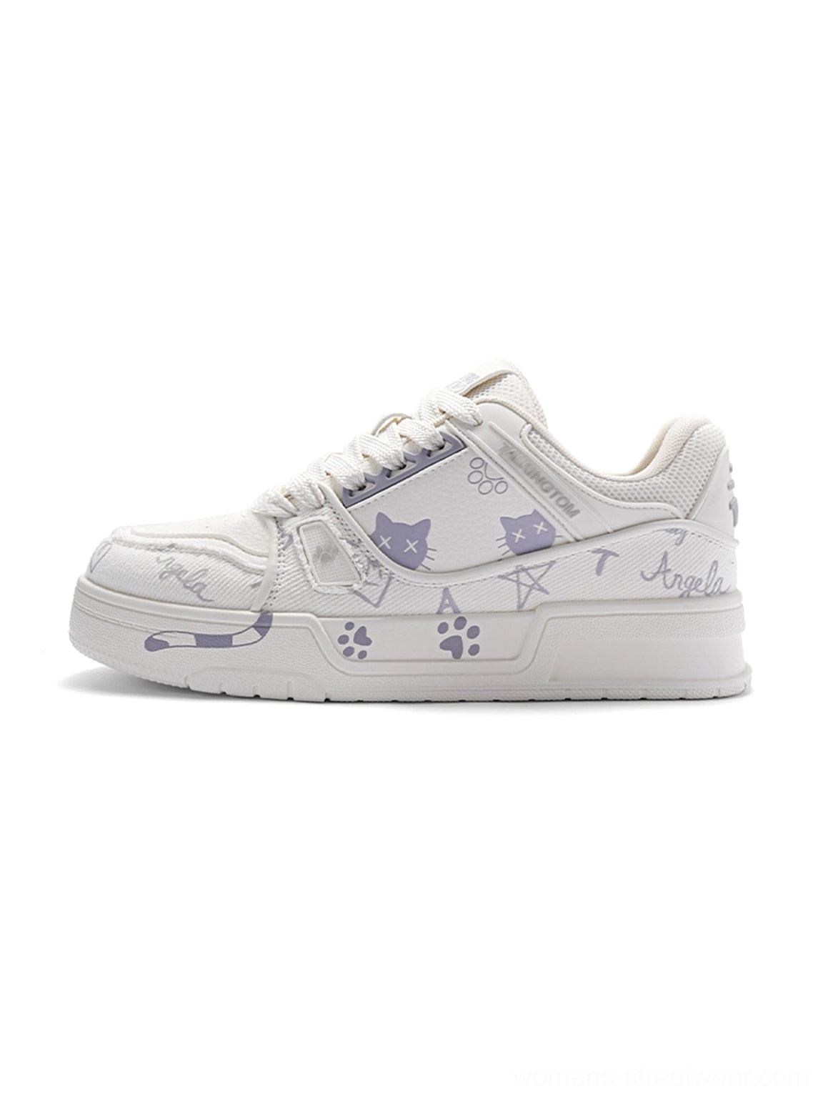 Anime cat graphic chunky low-top streetwear sneakers close-up showcasing layered panels and graphic details