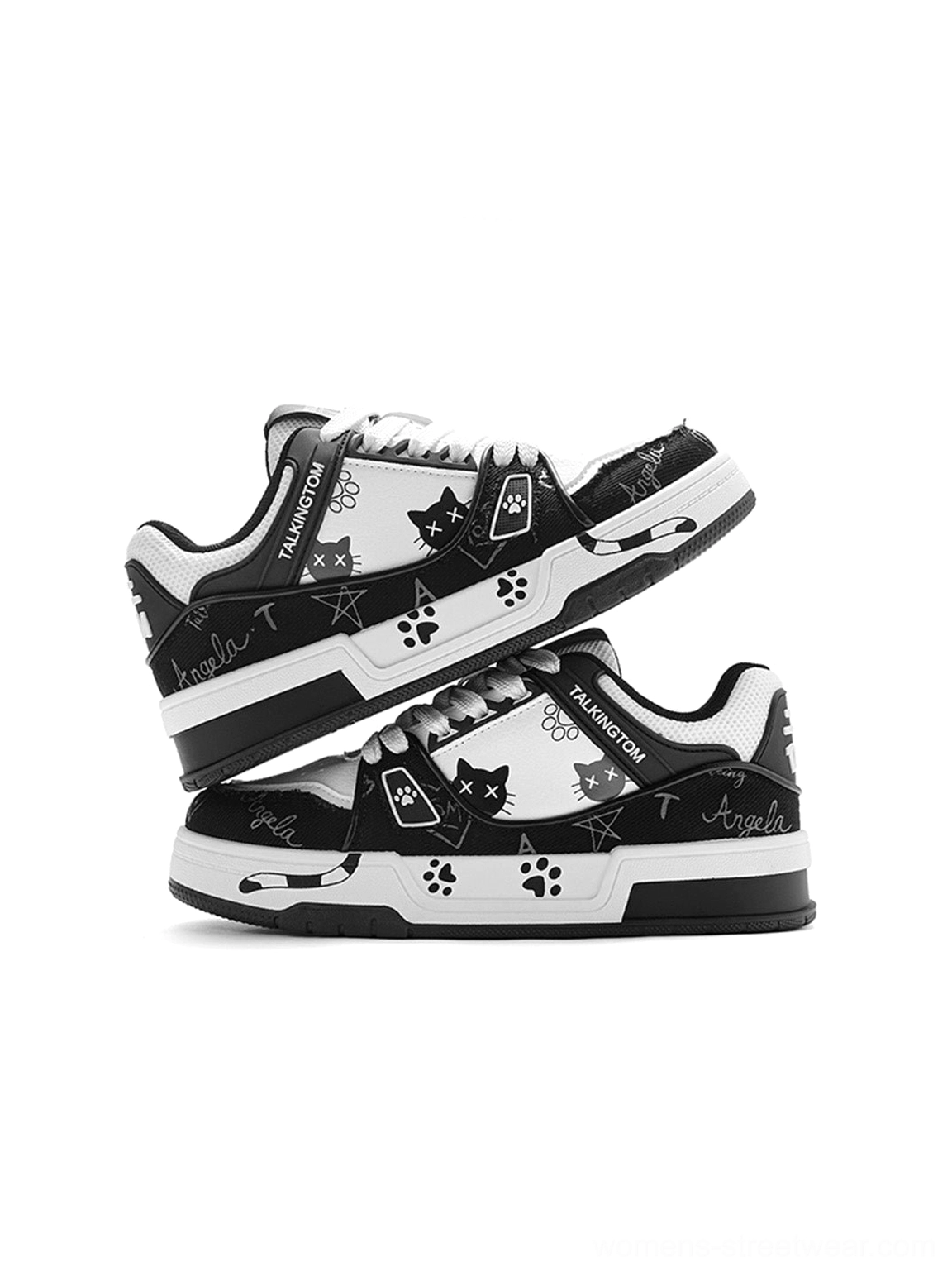 Stacked black and white cat graphic streetwear sneakers showing illustrated feline panels and contrast lettering