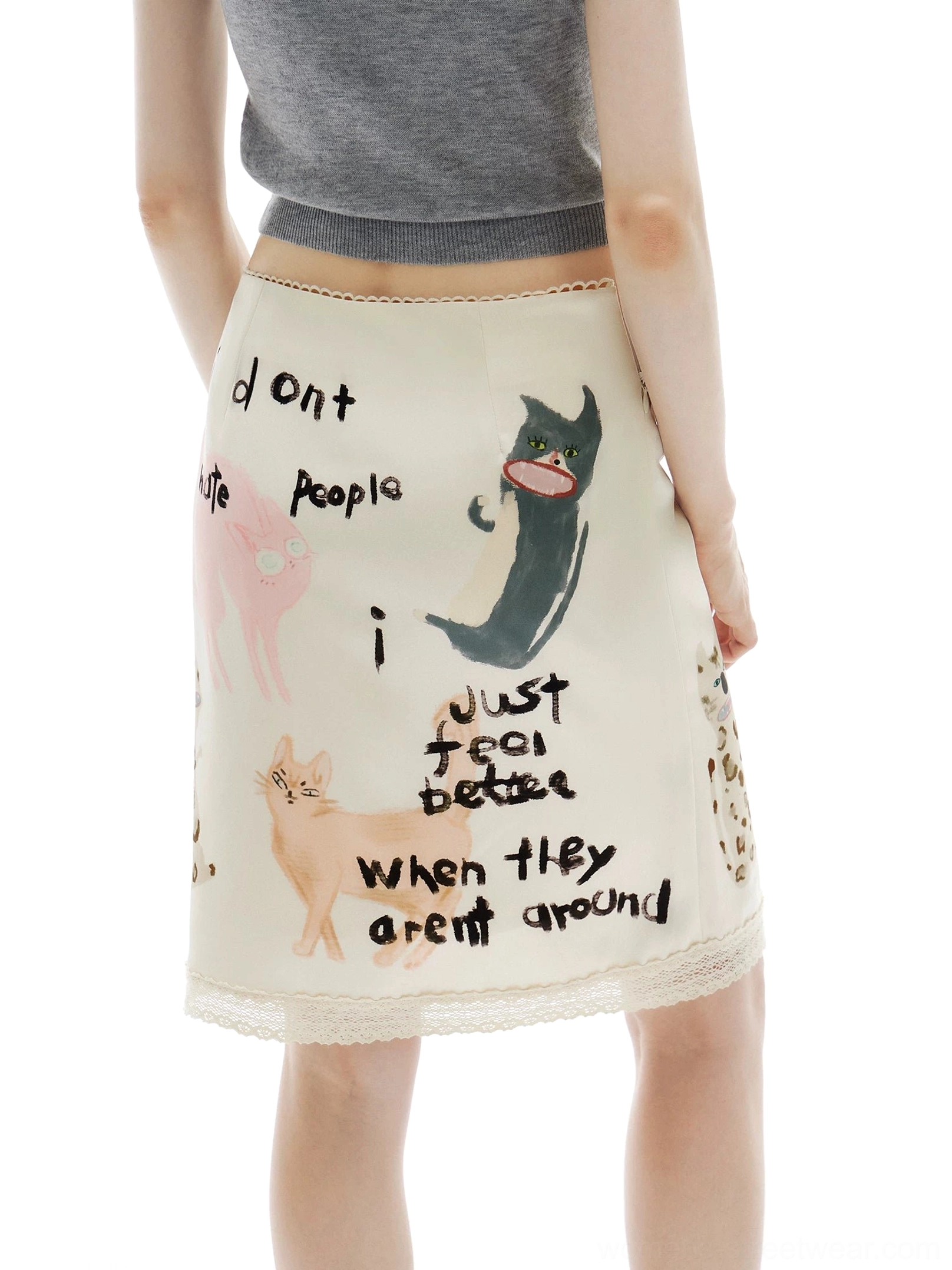 Back view of the anti-social kitty scribble midi pencil skirt showing the full cat illustration print and delicate lace detailing