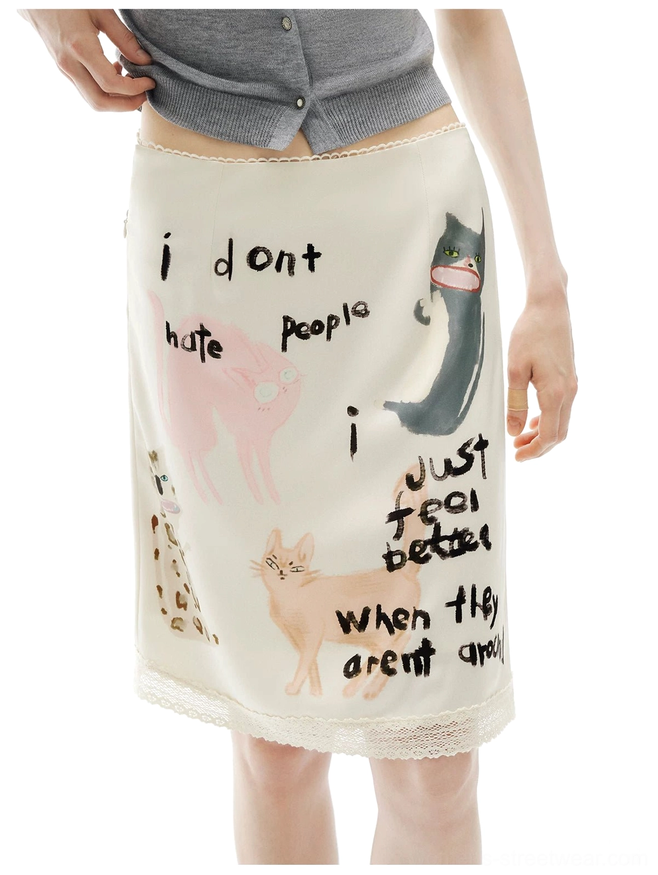 Anti-social kitty scribble print midi pencil skirt product image in apricot cream with playful cat artwork and lace detailing