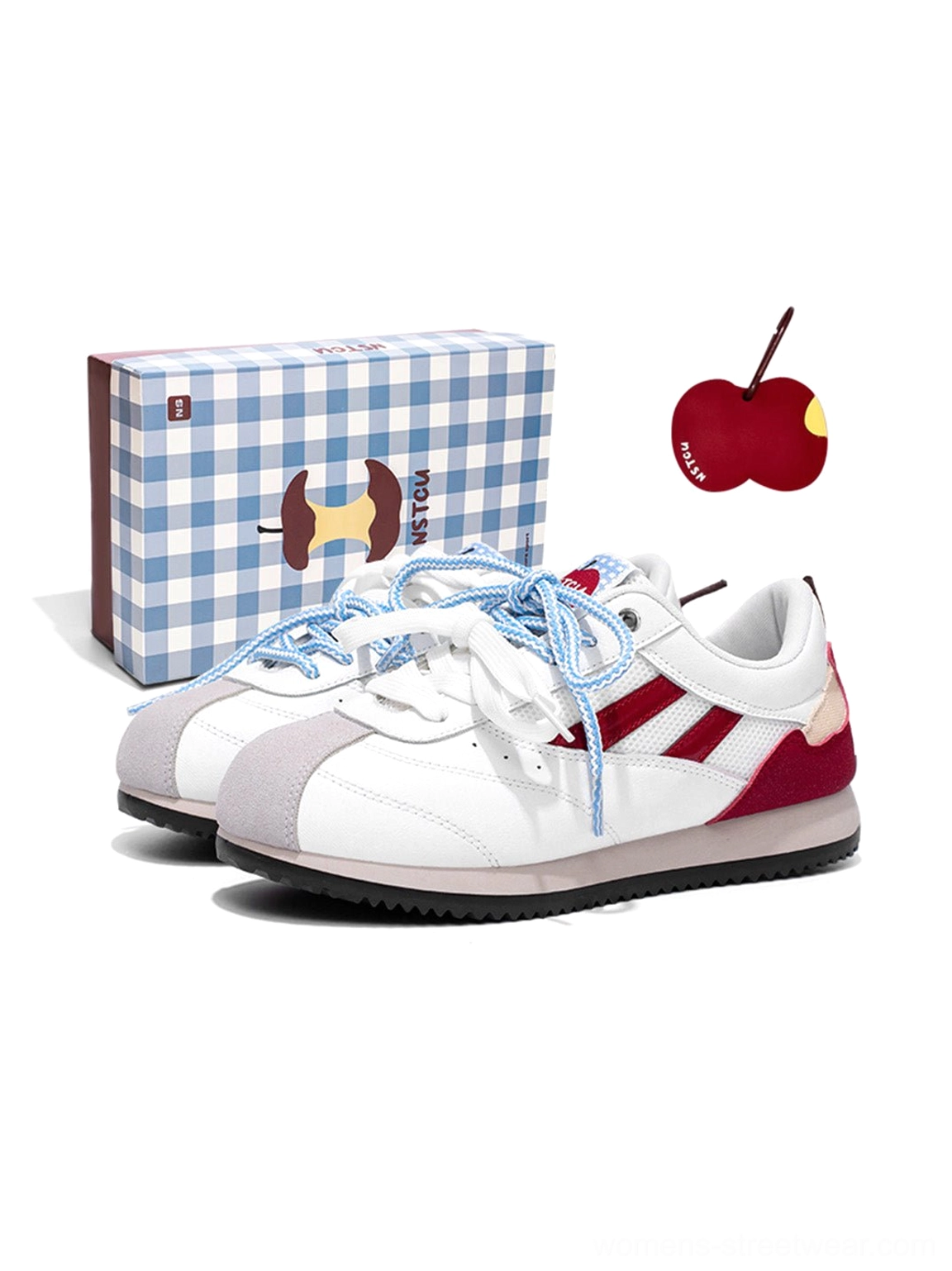 Women’s apple detail red mesh retro runner sneakers in red white and light blue for Korean streetwear outfits