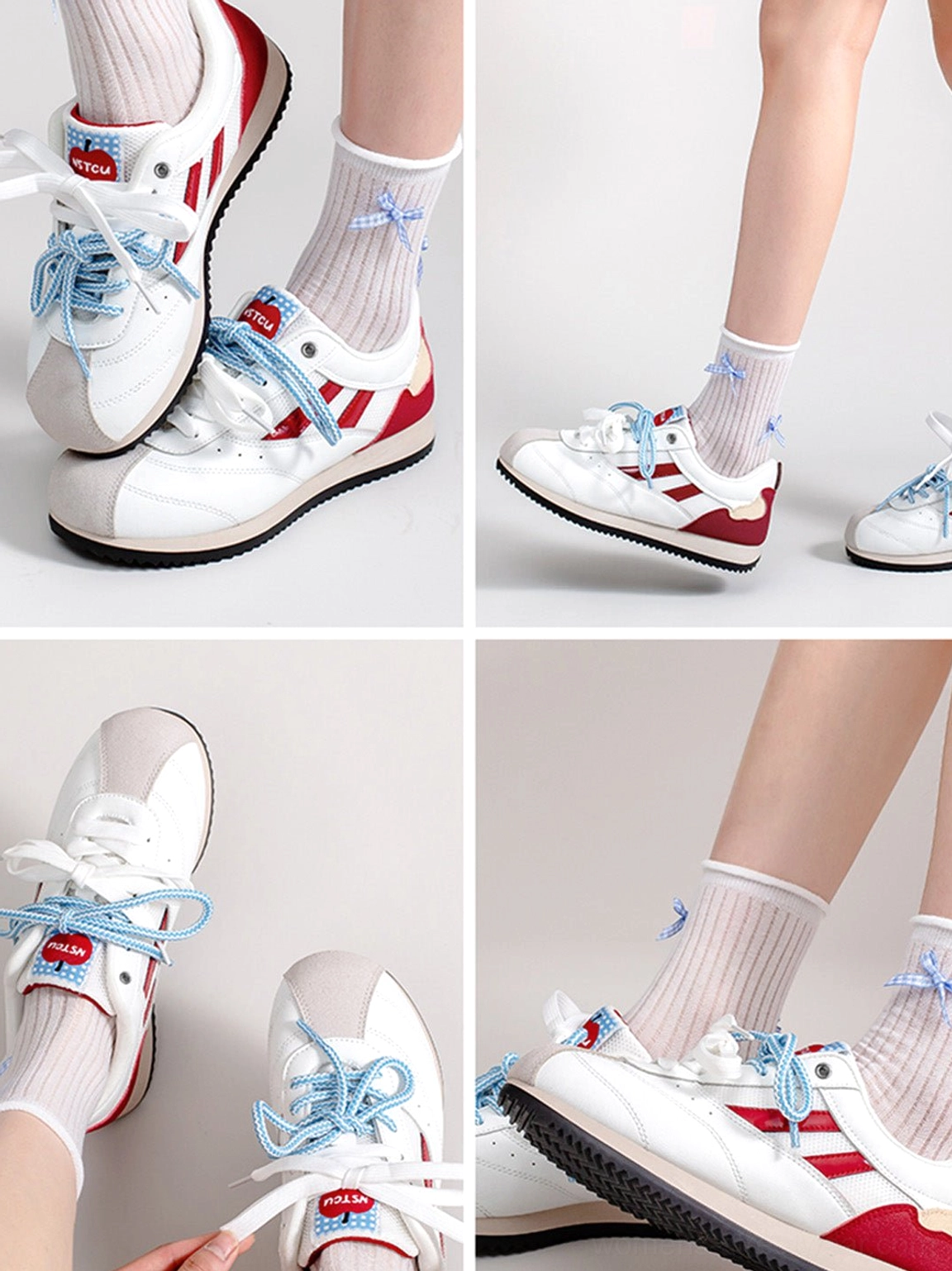 Multi angle close-up of apple detail red mesh retro runner sneakers showing pale blue laces red stripes and on-foot styling