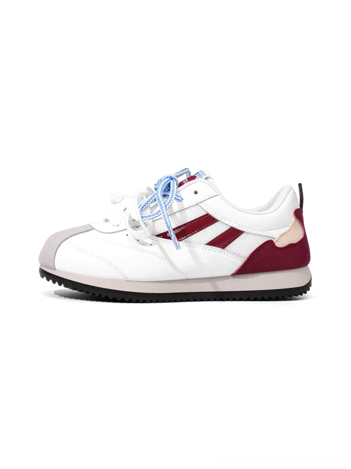 Apple detail red mesh retro runner sneakers for women in white and wine red side view on a clean white background