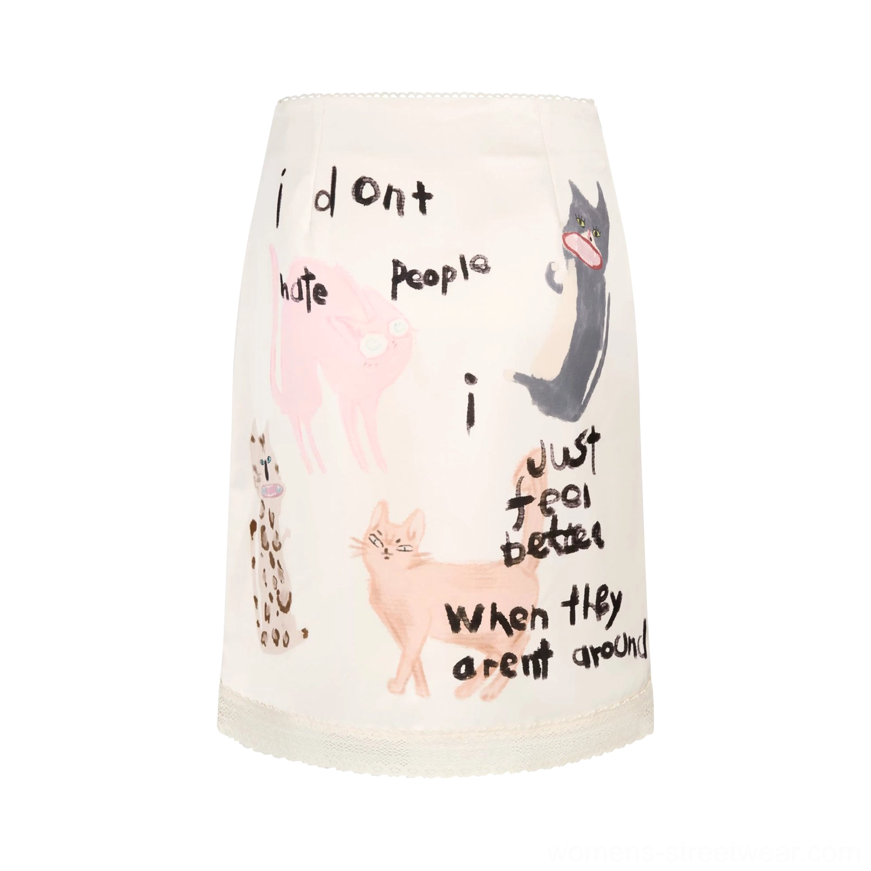 Apricot anti-social kitty graffiti midi pencil skirt featuring hand-drawn cat illustrations, handwritten slogans, and a tapered streetwear silhouette
