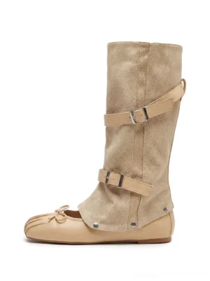 Apricot detachable gaiter ballet boots with bow toe detail, dual buckle straps, rounded toe and 4 cm rubber sole side view
