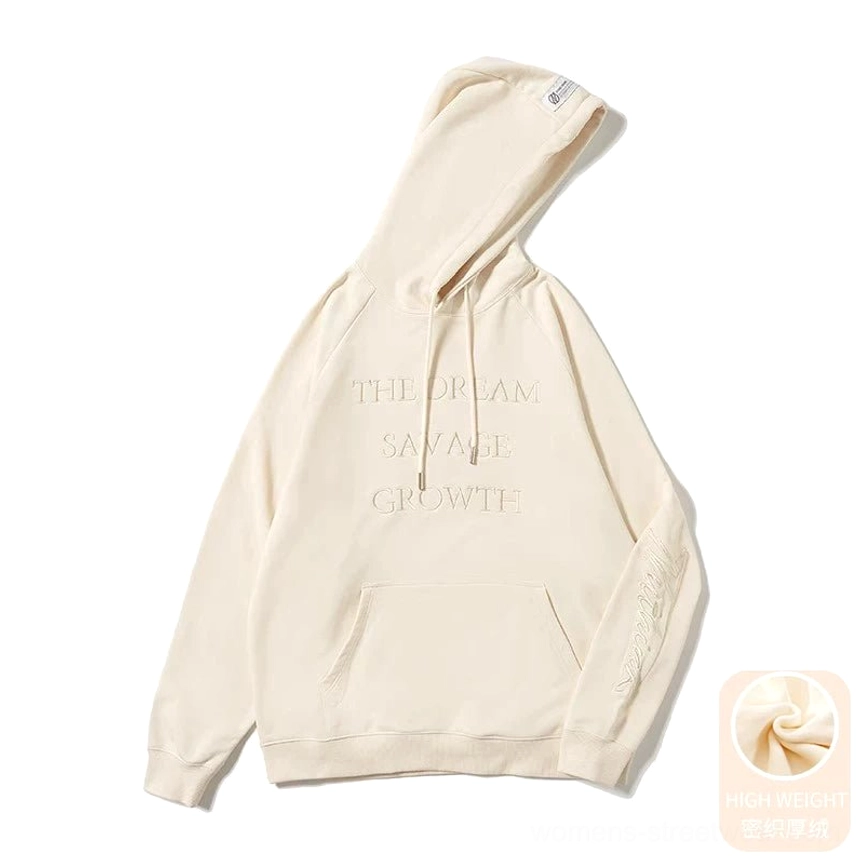 Apricot fleece lined oversized embossed lettering hoodie with relaxed streetwear fit and adjustable drawstring hood