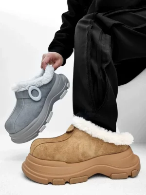 Apricot-tan and gray fleece-lined platform clogs displayed together with suede-finish uppers, fluffy shearling collars, and bold winter streetwear silhouettes