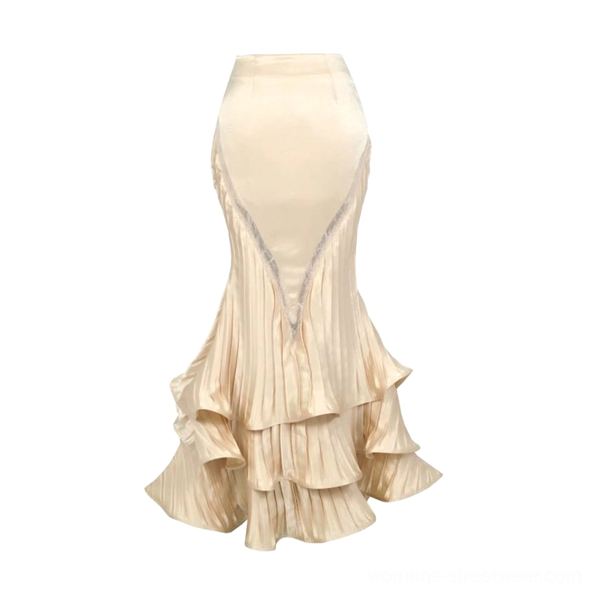 Apricot ivory satin high-waisted ruffled mermaid skirt standalone front view with V-shaped inset