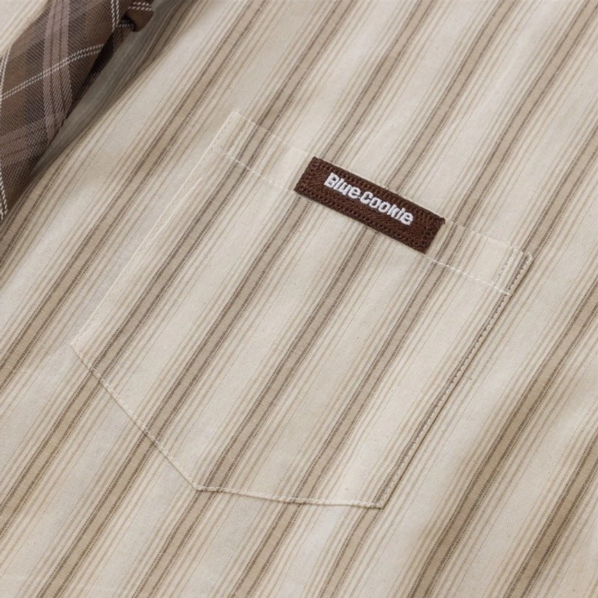 Apricot oversized striped long sleeve button-up shirt with brown plaid necktie casual Korean streetwear styling
