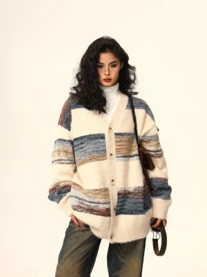 Apricot oversized striped mohair cardigan styled on a woman with a white turtleneck wide-leg jeans and brown crossbody bag
