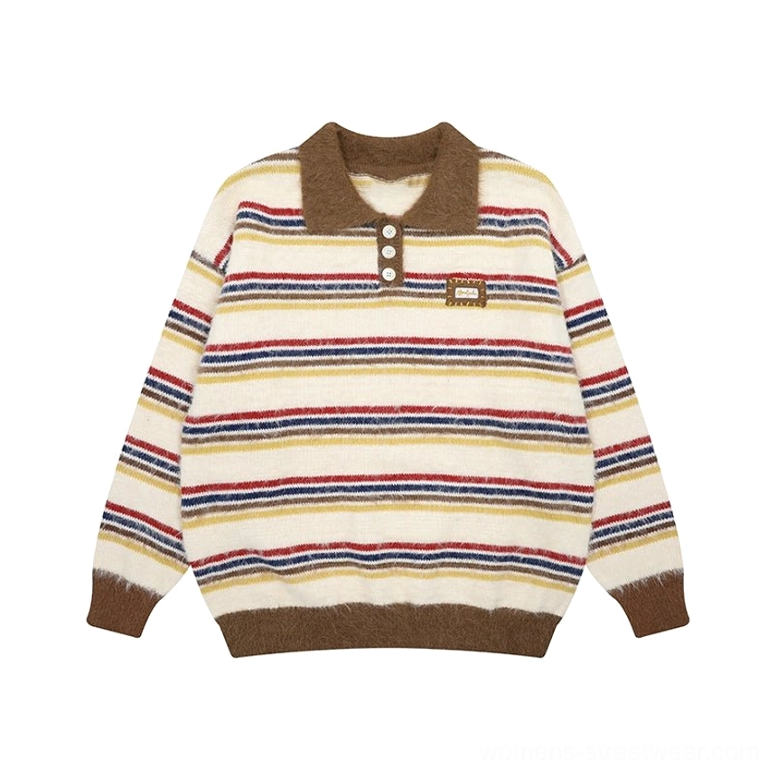 Flat lay of the apricot retro striped fuzzy knit polo sweater with brown collar, ribbed trims, Henley buttons, and chest badge