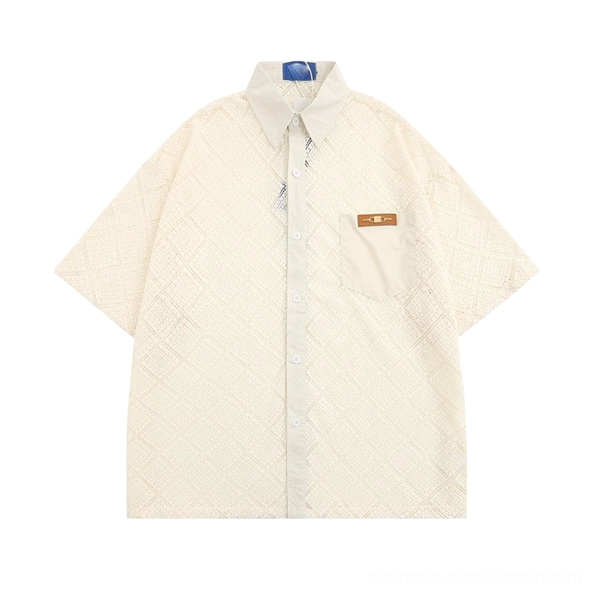 Apricot sheer geometric lace oversized short sleeve button-up shirt product color and texture view