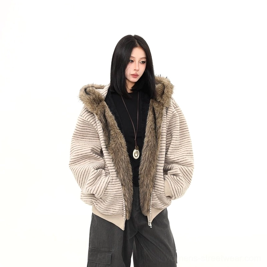 Apricot striped faux fur hooded jacket color option for oversized Korean inspired winter streetwear outfits