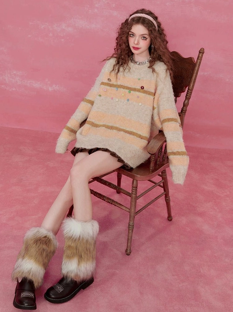Apricot color-block striped fuzzy knit sweater with colorful buttons styled in a Korean-inspired streetwear outfit